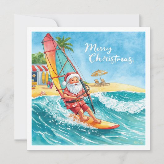 Windsurfing Santa Beach Christmas Card Feestdagenkaart (Voorkant)