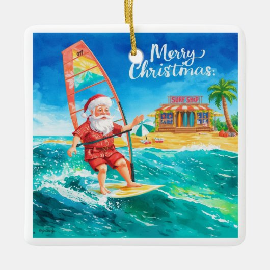 Windsurfing Santa Beach Christmas Card Keramisch Ornament (Voorkant)