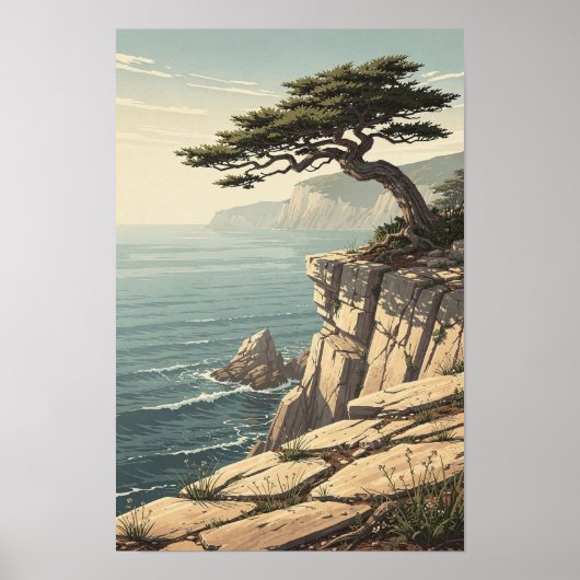 Windswept Cipres Kustklif Landschapsposter Poster (Voorkant)