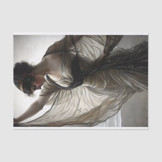 Windswept danseres aan zee in taupe decoupage tissuepapier (Voorkant)