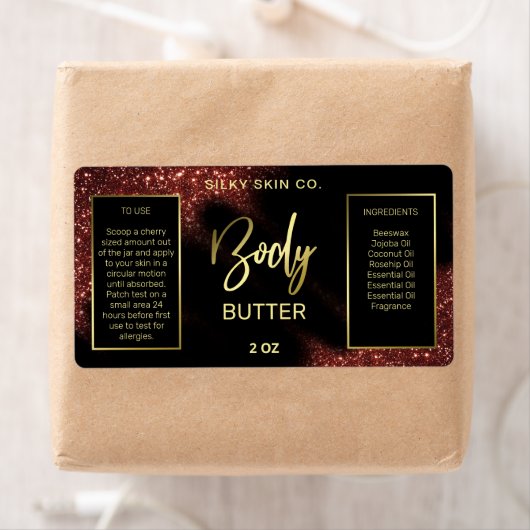 Windswept Glitter Red Black Gold Body Butter Label (Insitu)