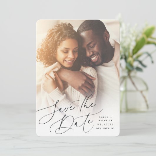 Windswept script | Verticale foto Save The Date (Staand voorkant)