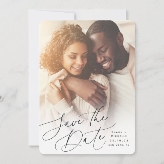 Windswept script | Verticale foto Save The Date (Voorkant)