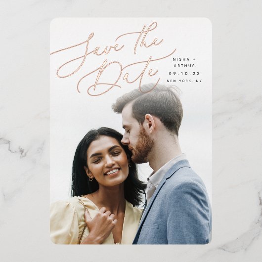 Windswept script | Verticale foto slaat de datum o Folie Uitnodiging (Voorkant)