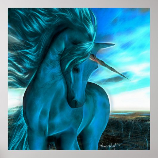 Windswept Unicorn in Azure Poster (Voorkant)