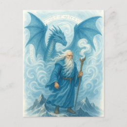 Windtovenaar en draak in Blue Waterverf Fantasy Briefkaart