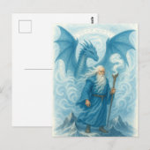 Windtovenaar en draak in Blue Waterverf Fantasy Briefkaart (Voorkant / Achterkant)