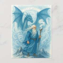 Windtovenaar en draak in Blue Waterverf Fantasy Briefkaart