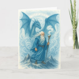 Windtovenaar en draak in Blue Waterverf Fantasy Kaart