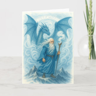 Windtovenaar en draak in Blue Waterverf Fantasy Kaart