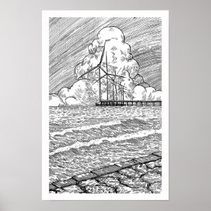 Windturbines Oceaan Inkttekening Poster