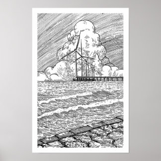 Windturbines Oceaan Inkttekening Poster