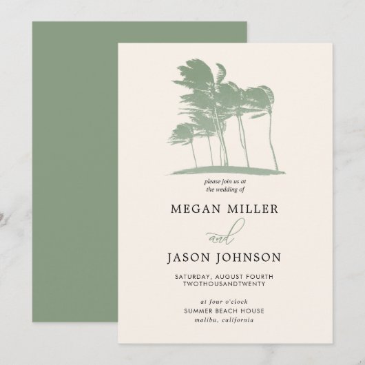 Windy Palm Trees, Sage Green Destination Wedding Kaart (Voorkant / Achterkant)