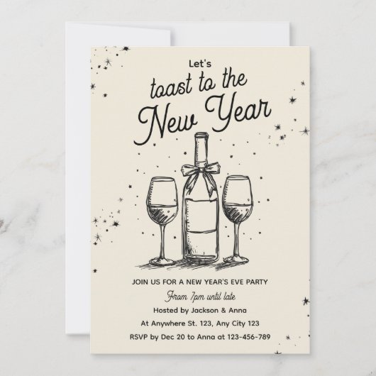 Wine Bottle and Glasses Hand Drawn New Year Party Kaart (Voorkant)