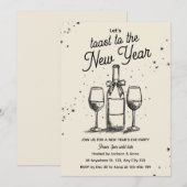 Wine Bottle and Glasses Hand Drawn New Year Party Kaart (Voorkant / Achterkant)