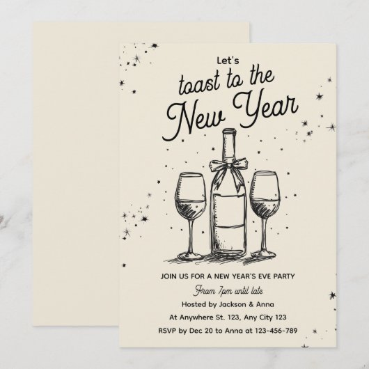 Wine Bottle and Glasses Hand Drawn New Year Party Kaart (Voorkant / Achterkant)