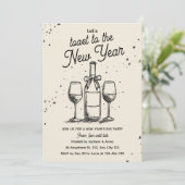 Wine Bottle and Glasses Hand Drawn New Year Party Kaart (Staand voorkant)
