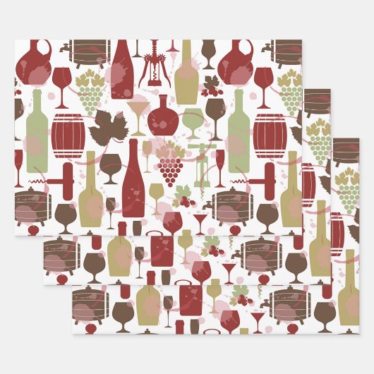 Wine Bottles Wrapping Paper Flat Sheet Set of 3