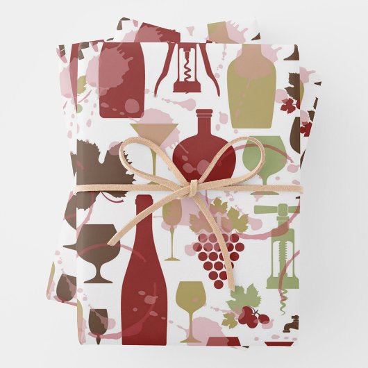 Wine Bottles Wrapping Paper Flat Sheet Set of 3