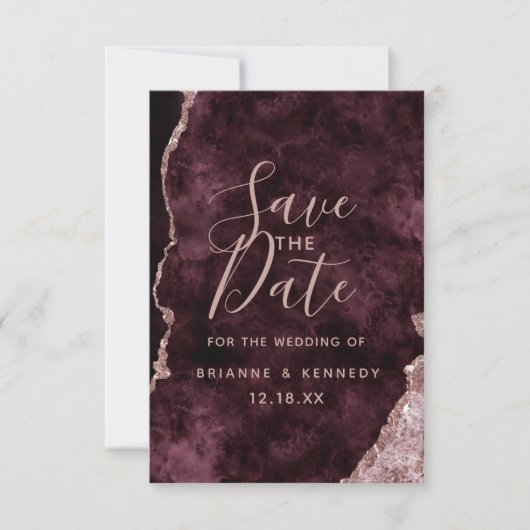 Wine Burgundy Roos Gold Agate Marble Foto op Terug Save The Date (Voorkant)
