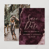 Wine Burgundy Roos Gold Agate Marble Foto op Terug Save The Date (Voorkant / Achterkant)