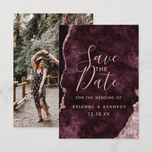 Wine Burgundy Roos Gold Agate Marble Foto op Terug Save The Date (Voorkant / Achterkant)