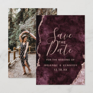 Wine Burgundy Roos Gold Agate Marble Foto op Terug Save The Date