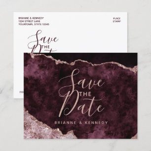 Wine Burgundy Roos Gold Agate Marble Save the Date Aankondigingskaart