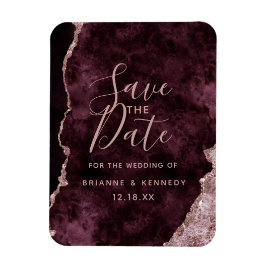 Wine Burgundy Roos Gold Agate Marble Save the Date Magneet (Verticaal)