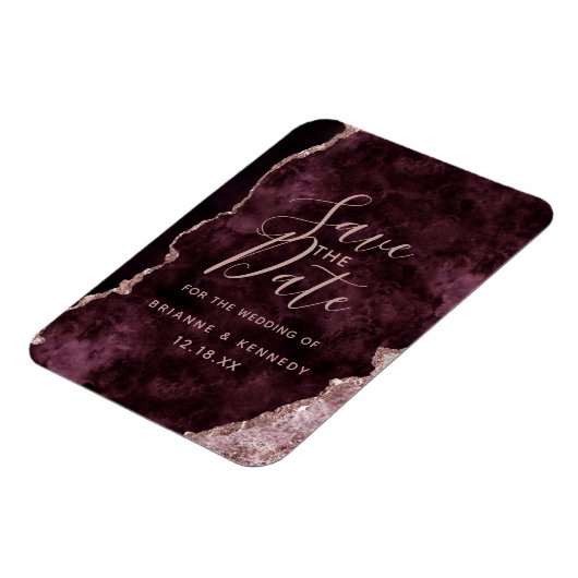 Wine Burgundy Roos Gold Agate Marble Save the Date Magneet (Linkerzijde)