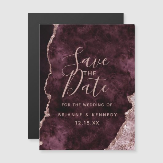 Wine Burgundy Roos Gold Agate Marble Save the Date Magnetische Uitnodiging (Voorkant / Achterkant)