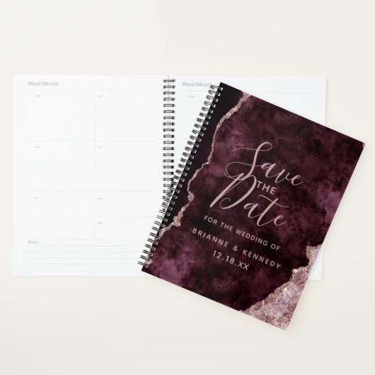 Wine Burgundy Roos Gold Agate Marble Save the Date Planner (Display)