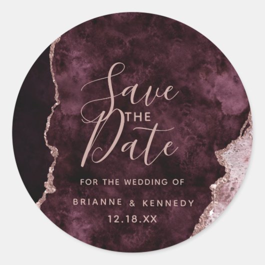 Wine Burgundy Roos Gold Agate Marble Save the Date Ronde Sticker (Voorkant)