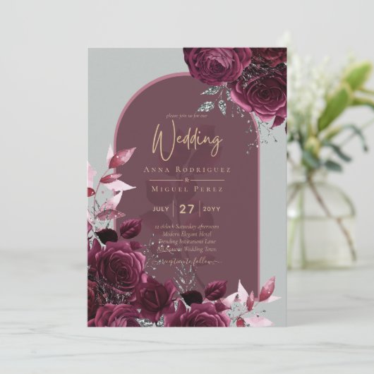 Wine Burgundy Rozen Gold Text Weddenschap Kaart (Staand voorkant)
