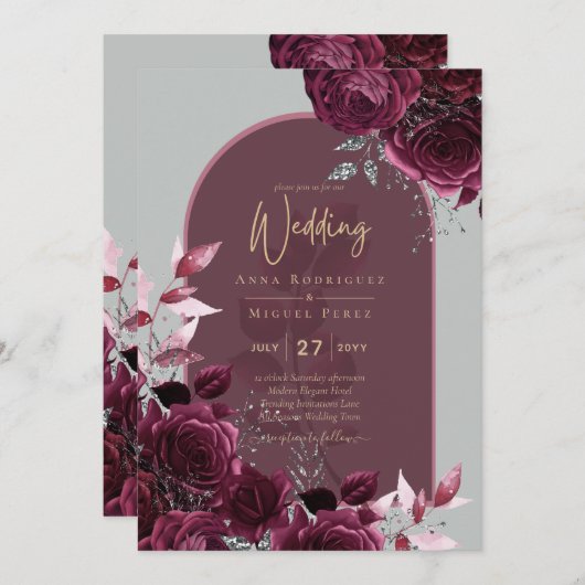 Wine Burgundy Rozen Gold Text Weddenschap Kaart (Voorkant / Achterkant)