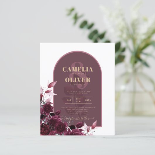 Wine Burgundy Rozen Gold Text Wedding INVITE (Staand voorkant)