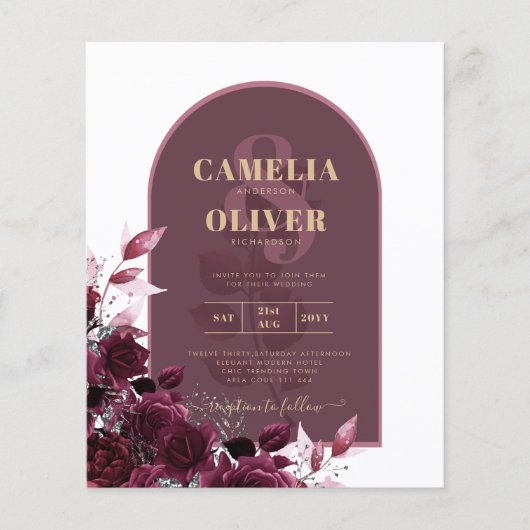 Wine Burgundy Rozen Gold Text Wedding INVITE (Voorkant)
