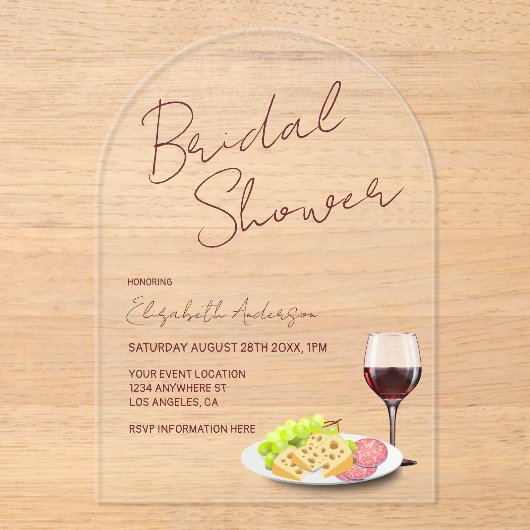 Wine & Charcuterie Bridal Shower Acryl Uitnodigingen (Voorkant)