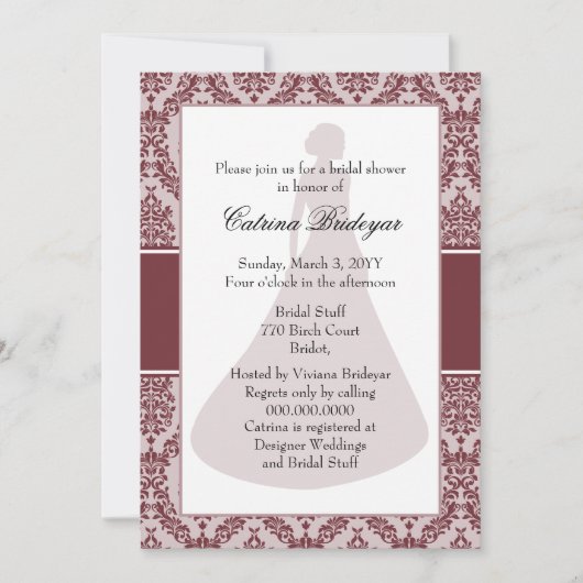 Wine Damask Bridal Shower Invitation Kaart (Voorkant)
