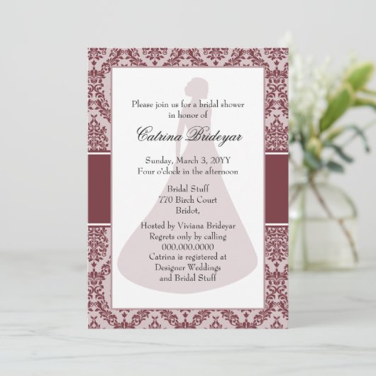 Wine Damask Bridal Shower Invitation Kaart (Staand voorkant)