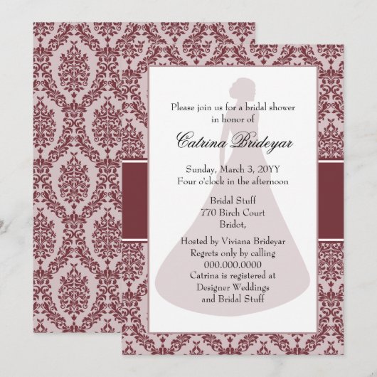 Wine Damask Bridal Shower Invitation Kaart (Voorkant / Achterkant)