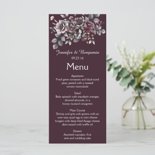 Wine, Dusty Purple, Dark Teal Wedding | Menu (Staand voorkant)