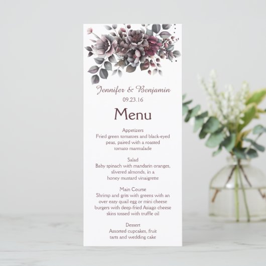 Wine, Dusty Purple, Dark Teal Wedding | Menu (Staand voorkant)