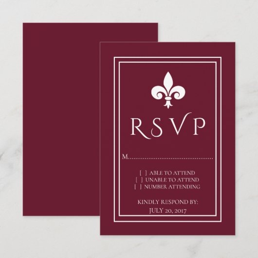 Wine Fleur de Lis Wedding RSVP Kaart (Voorkant / Achterkant)