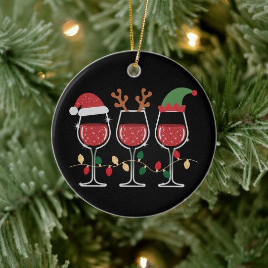Wine Glass Christmas Lights Xmas Holiday Drinking Keramisch Ornament (Boom)