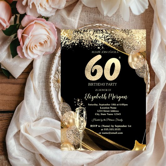 Wine Glass Gold Confetti Balloons 60th Birthday Kaart