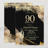 Wine Glass Gold Confetti Balloons 90th Birthday Kaart (Voorkant / Achterkant)