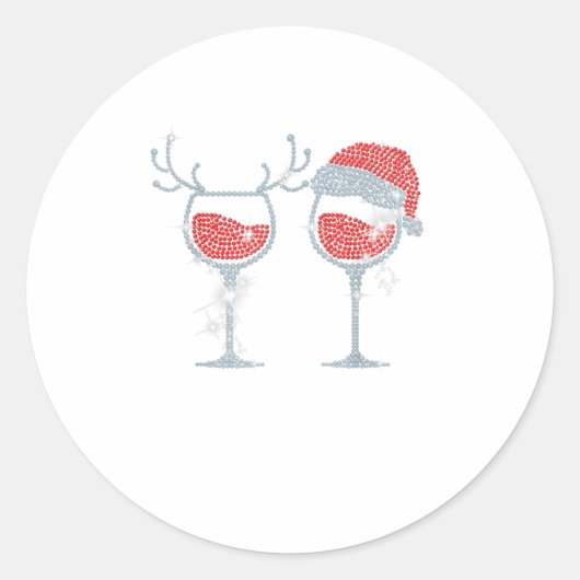 Wine Glass Santa Hat Reindeer Funny Dri Ronde Sticker (Voorkant)