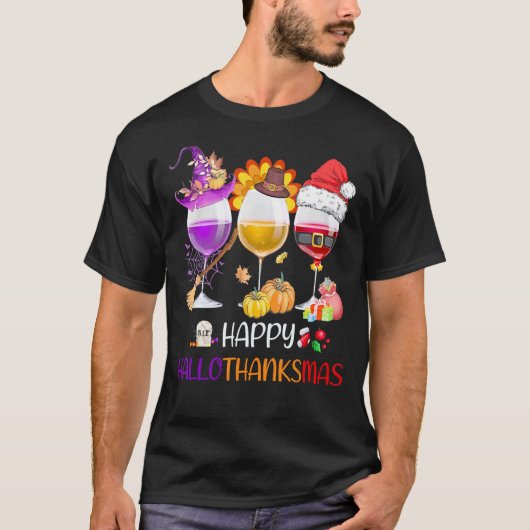 Wine Glass Thankgiving Funny Wine Happy Halodankje T-shirt (Voorkant)