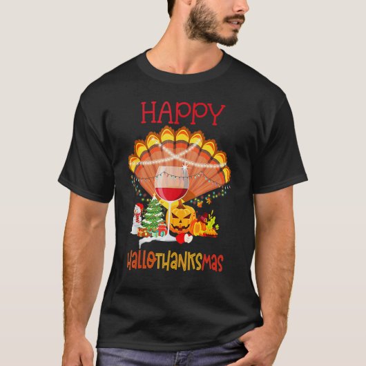 Wine Glass Thankgiving Happy Hallothanksmas T-shirt (Voorkant)